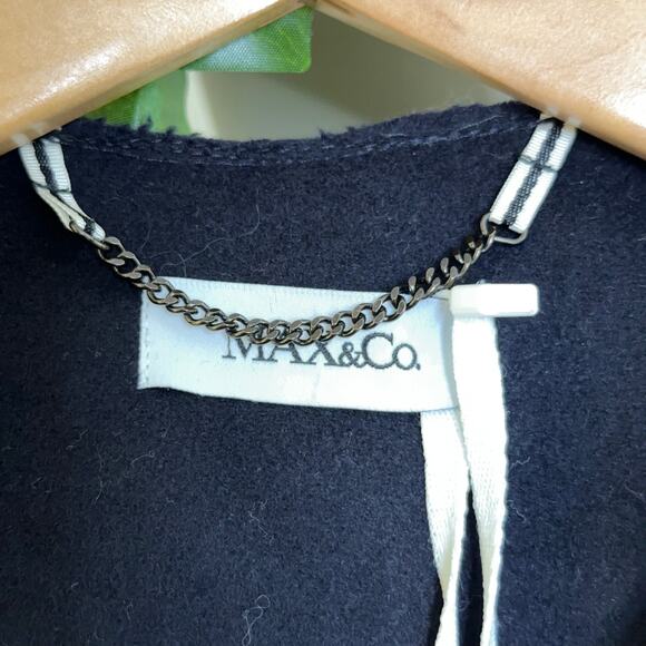 MAX&CO Decisio Wool Collarless Lapel Long Trench Coat Navy Blue Sz 2 NWT $789 - Picture 3 of 9